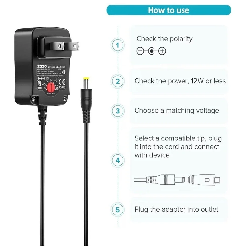 ZOZO 12W Universal AC to DC Power Adapter 3V-12V Adjustable Multi-Voltage Switch